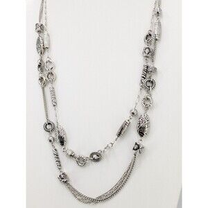Lia Sophia Necklace Silver Tone Layered Beaded Chain Station Drop 28 Inch Long